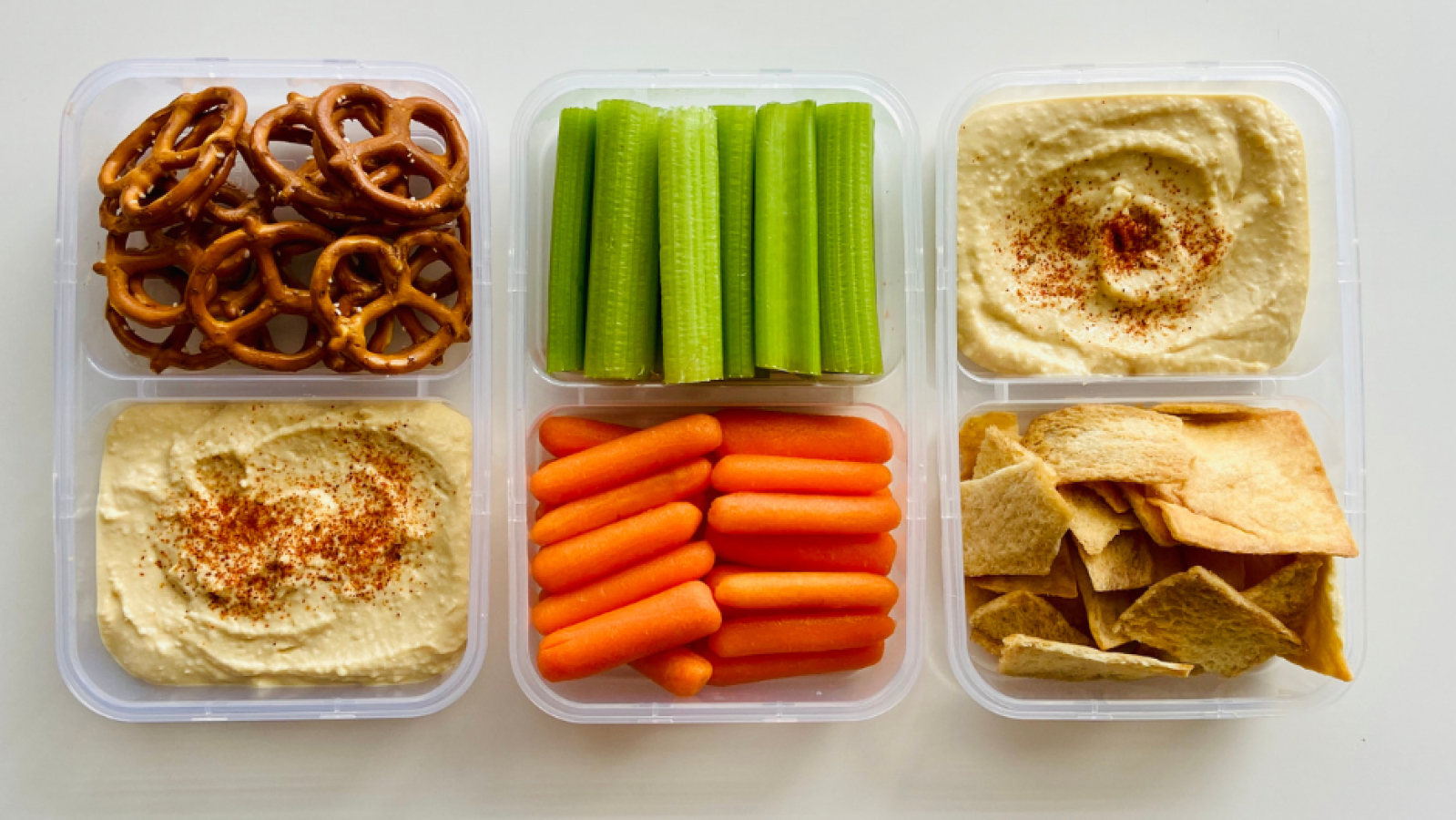 6 different snacks in tubs