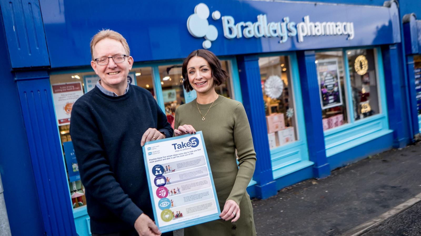 (L-R) Patrick McCallion, Champion Pharmacist at Bradleys Pharmacy, Clodagh Crowe Health and Social Wellbeing Senior Improvement Officer, PHA.  