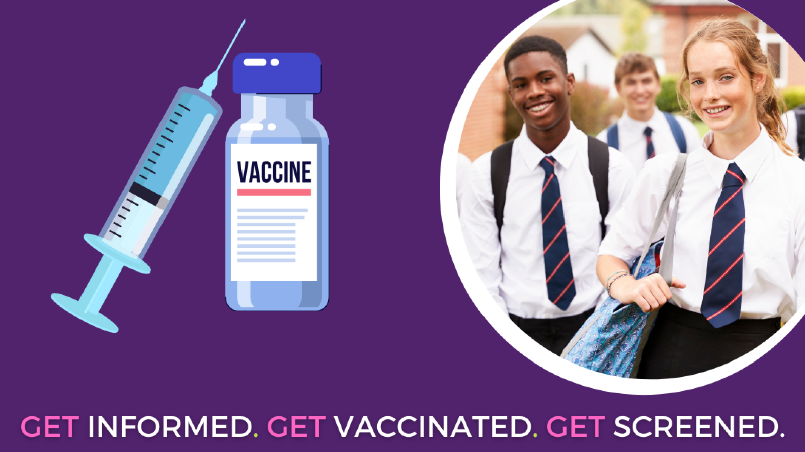 Graphic of school children and a vaccination, with text saying "The HPV vaccine is safe, effective and protects against cervical cancer, genital warts and other HPV related cancers