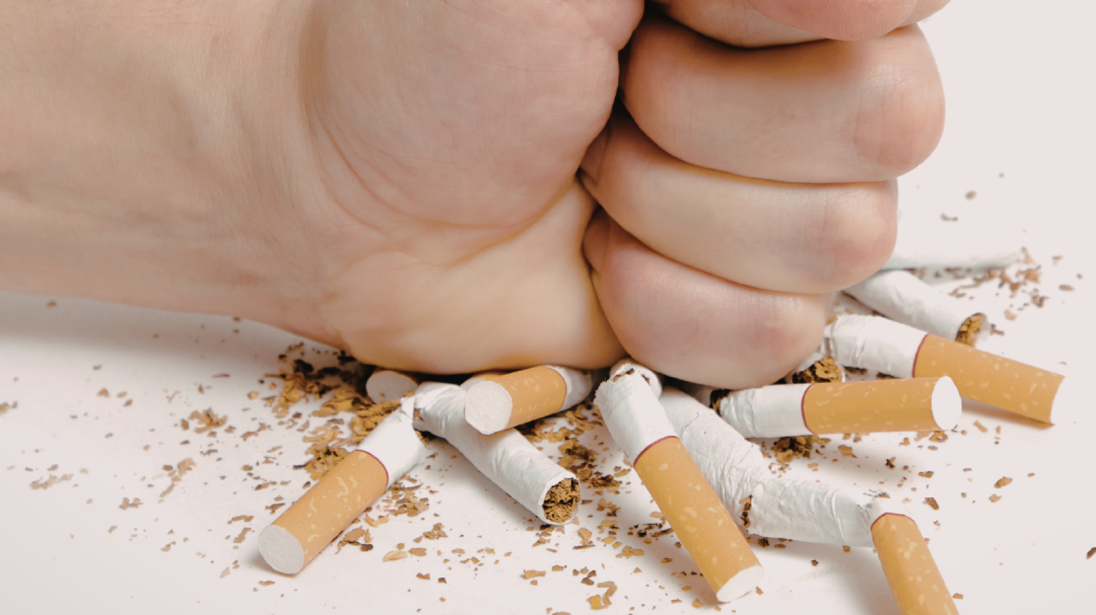 Photograph of a hand crushing cigarettes to symbolise saying no to smoking, with text "No Smoking Month March 2026."