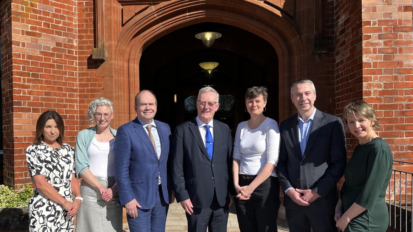 (L–R) Emily Roberts, PHA; Dr Hannah McCourt, PHA; Dr Michael McBride, Chief Medical Officer; Mike Nesbitt, Minister for Health; Laura Lamming, NIHR PHIRST; Dr Gavin Breslin, QUB; Professor Katherine Brown, NIHR PHIRST.