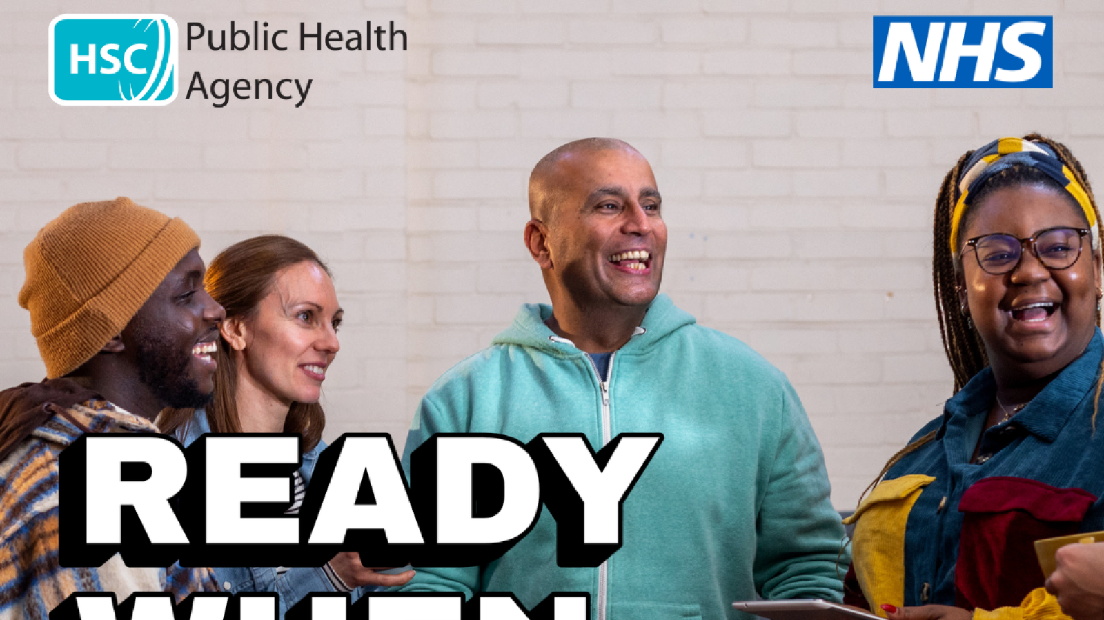Image of people standing chatting and supporting each other to quit smoking during Stoptober, with text "ready when you are" and partner organisations logos
