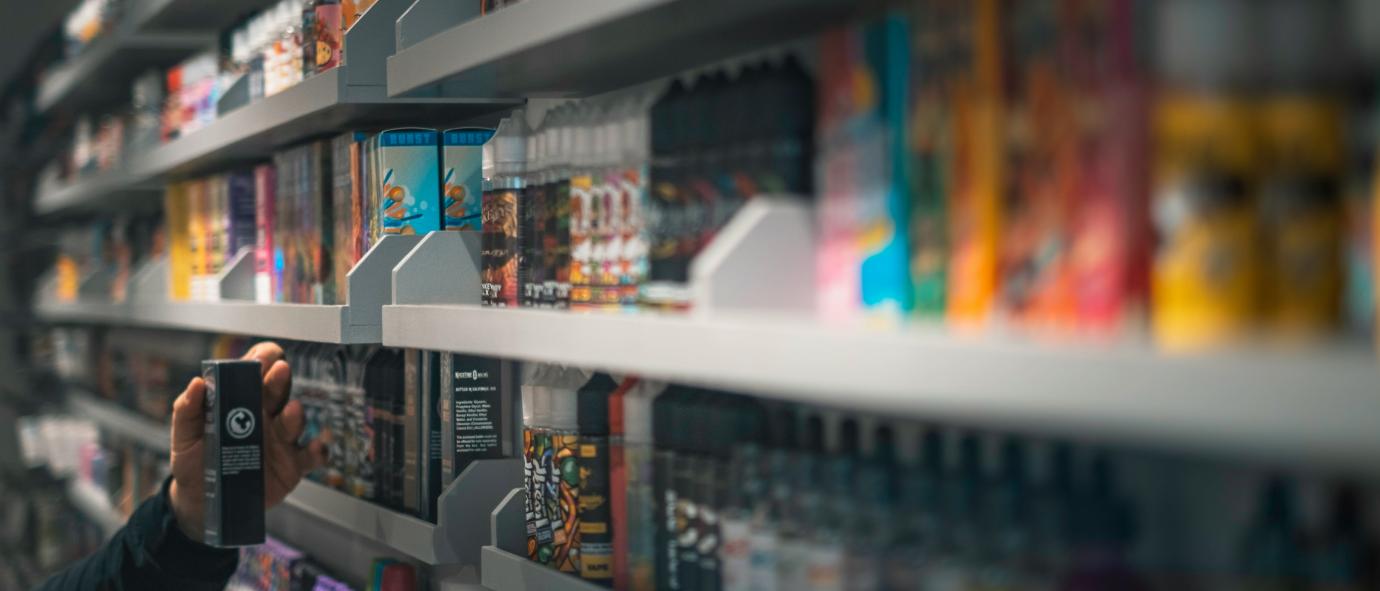 shelf with vaping liquid refills